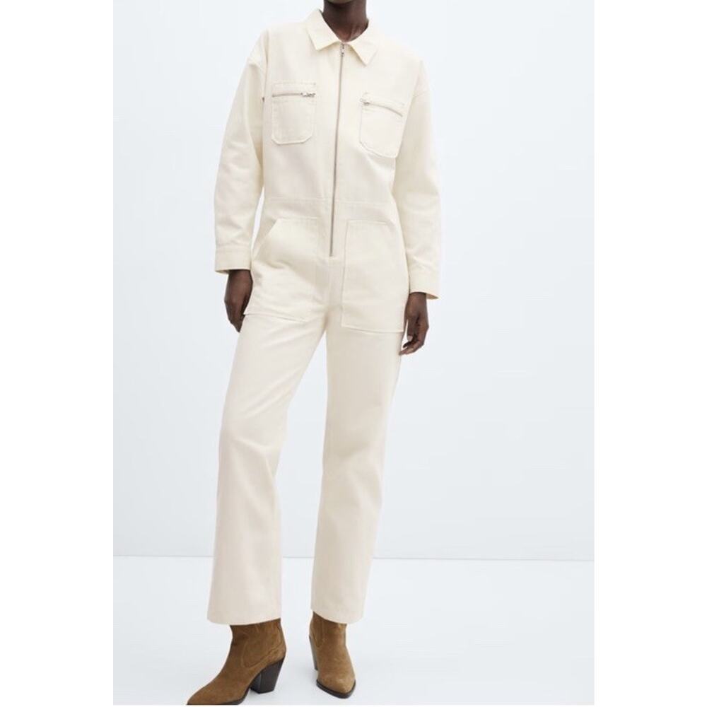NWT MNG Mango Renata Jumpsuit One Piece Denim Women’s Size Small Cream Beige